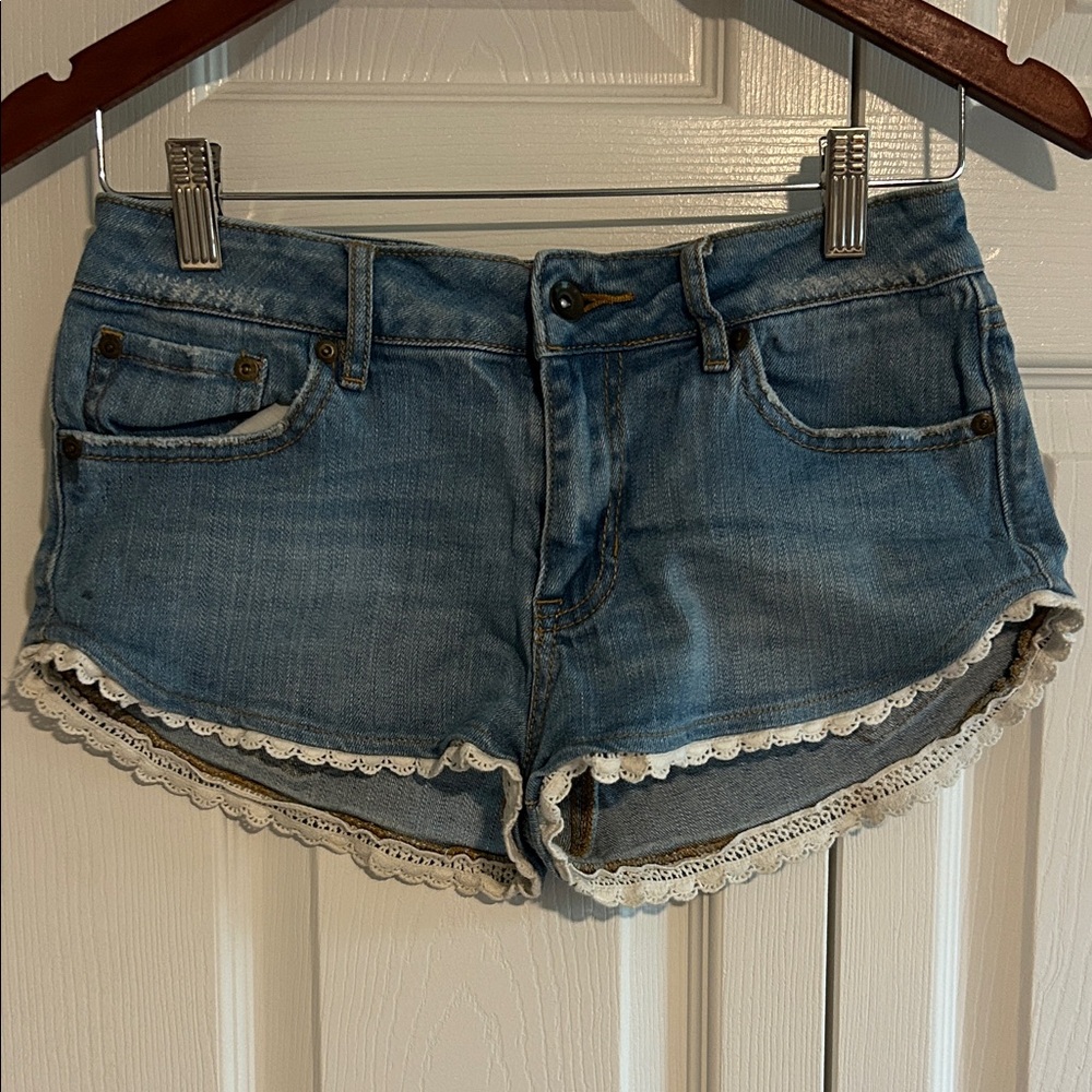 Roxy Blue Jean Shorts with White Lace Trim